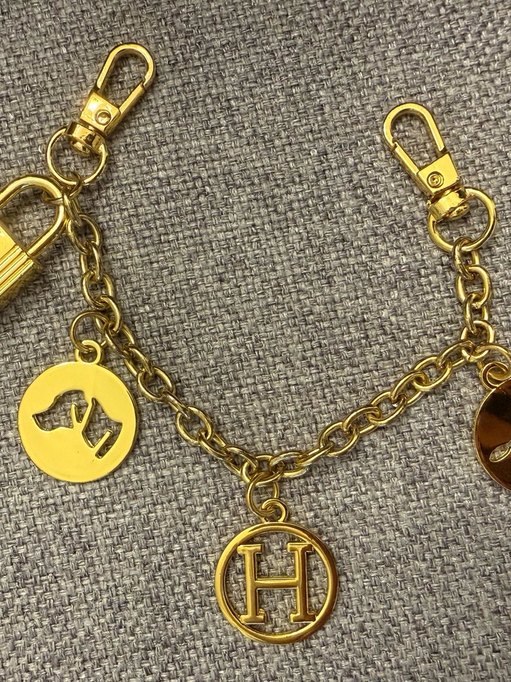 Gold Bag Charm Chain with 'H' Monogram, Dog, Horse & Padlock Charms